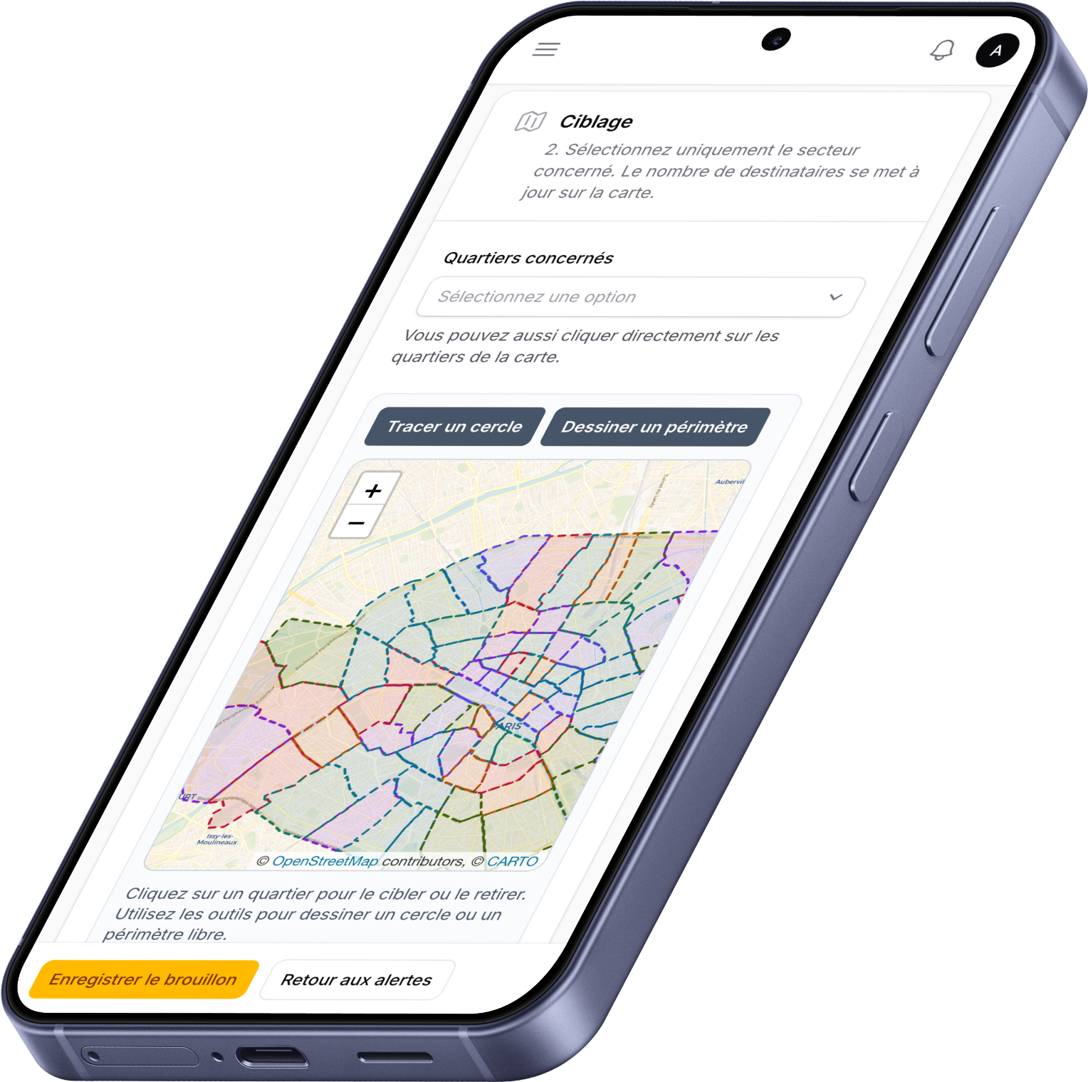 Interface de ciblage d’une alerte affichée sur téléphone