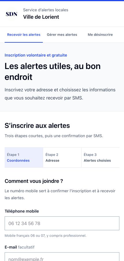Portail mobile d’inscription aux alertes locales de la Ville de Lorient